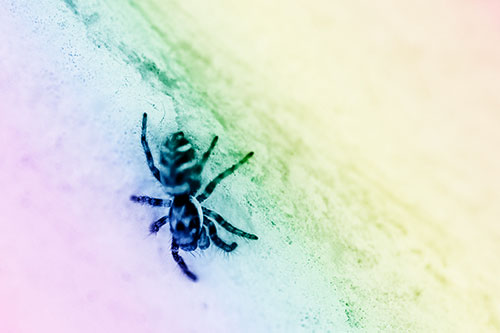 Jumping Spider Crawling Down Wood Surface (Rainbow Shade Photo)