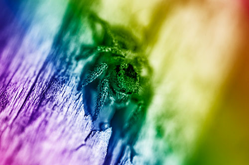 Jumping Spider Perched Among Wood Crevice (Rainbow Shade Photo)