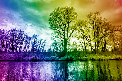 Leafless Trees Cast Reflections Along River Water (Rainbow Shade Photo)