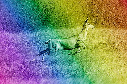 Leaping Mule Deer Running Across Grassland (Rainbow Shade)
