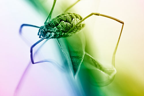 Leg Dangling Harvestmen Spider Sits Atop Leaf Petal (Rainbow Shade)
