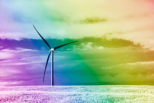 Lone Wind Turbine Standing Along Dry Prairie Horizon (Rainbow Shade Photo)