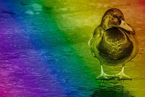 Mallard Duck Enjoying Sunshine Among Icy River Water (Rainbow Shade Photo)