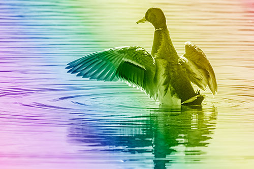 Mallard Duck Flaps Illuminated Wings Among Lake (Rainbow Shade)