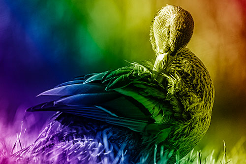 Mallard Duck Grooming Feathered Back (Rainbow Shade Photo)