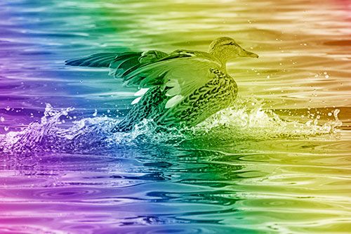 Mallard Duck Makes Splash Landing Atop Lake (Rainbow Shade)