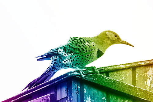 Northern Flicker Woodpecker Crouching Atop Birdhouse (Rainbow Shade)