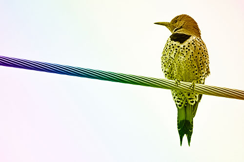 Northern Flicker Woodpecker Perched Atop Steel Wire (Rainbow Shade)