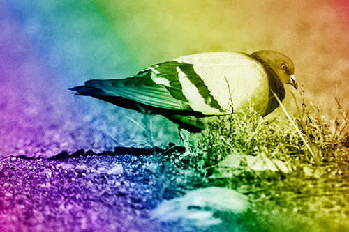 Observant Pigeon Scouring Among Dead Plants (Rainbow Shade)