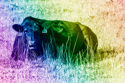 Open Mouthed Cow Resting On Grass (Rainbow Shade Photo)