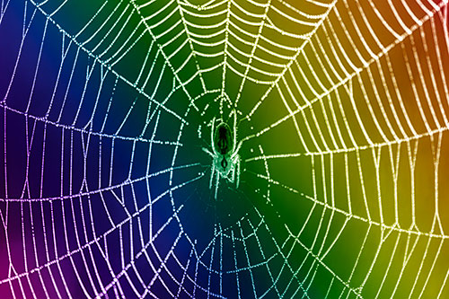 Orb Weaver Spider Rests Among Web Center (Rainbow Shade Photo)