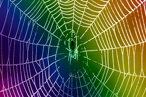 Orb Weaver Spider Rests Among Web Center (Rainbow Shade)