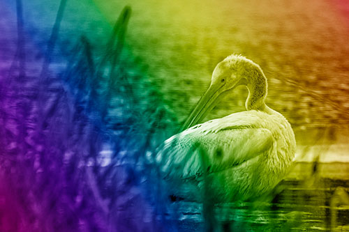 Pelican Grooming Beyond Water Reed Grass (Rainbow Shade Photo)