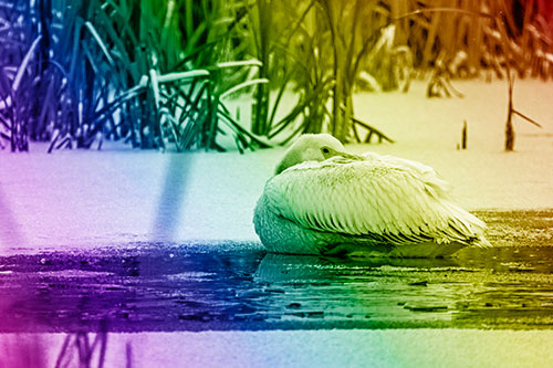 Pelican Resting Atop Ice Frozen Lake (Rainbow Shade Photo)