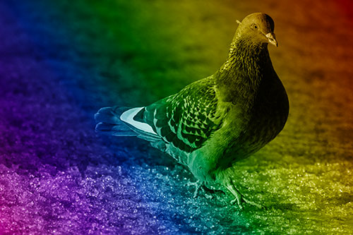 Pigeon Crosses Shadow Covered River Ice (Rainbow Shade Photo)