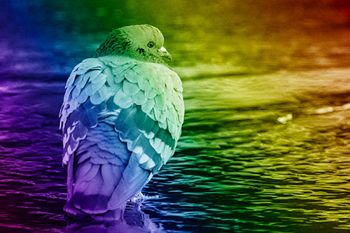Pigeon Glancing Backwards Among River Water (Rainbow Shade Photo)