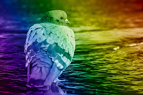 Pigeon Glancing Backwards Among River Water (Rainbow Shade)