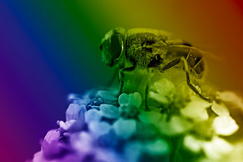 Pollen Covered Hoverfly Standing Atop Flower Petals (Rainbow Shade Photo)
