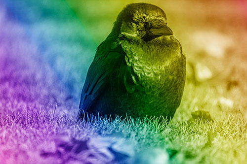 Puffy Crow Standing Guard Among Leaf Covered Grass (Rainbow Shade Photo)