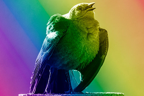 Puffy Female Grackle Croaking Atop Wooden Fence Post (Rainbow Shade Photo)