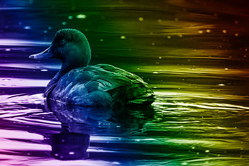 Redhead Duck Floating Atop Lake Water (Rainbow Shade Photo)