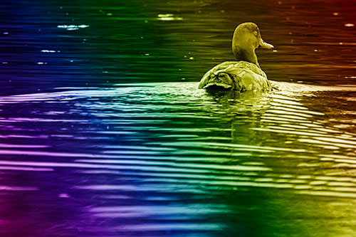 Redhead Duck Swimming Across Water (Rainbow Shade Photo)