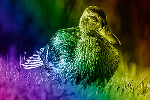 Rested Mallard Duck Rises To Feet (Rainbow Shade Photo)