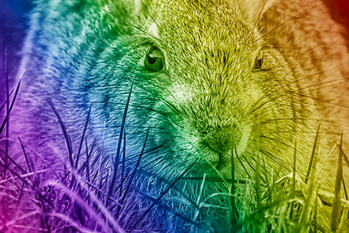 Resting Bunny Rabbit Watches Closely Among Grass Blades (Rainbow Shade)