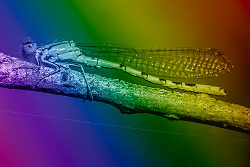 Resting Damselfly Spread Across Branch (Rainbow Shade)