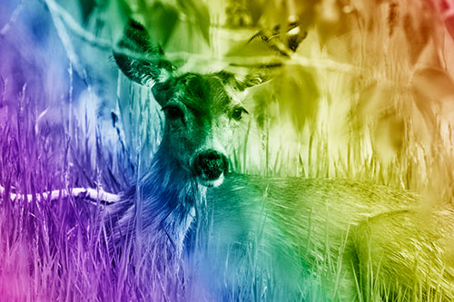 Resting White Tailed Deer Watches Surroundings (Rainbow Shade Photo)