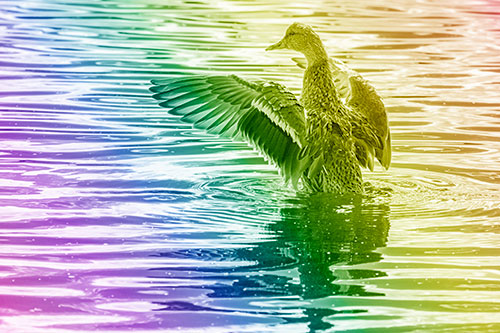Rising Mallard Duck Flaps Wings Atop Lake (Rainbow Shade)