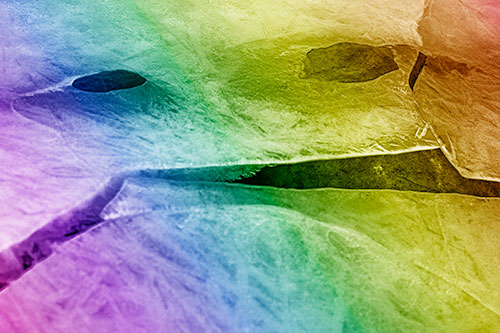 Rock Face Emerges Among Cracked Frozen Ice (Rainbow Shade)