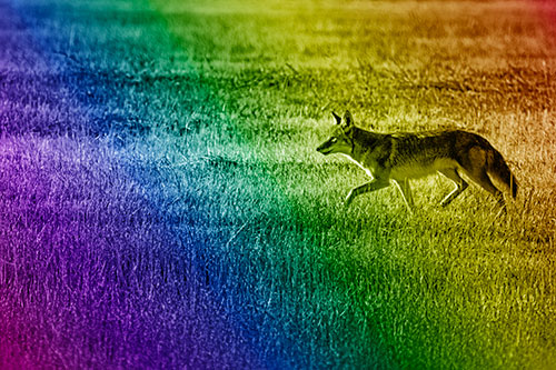 Running Coyote Hunting Among Grass Prairie (Rainbow Shade Photo)