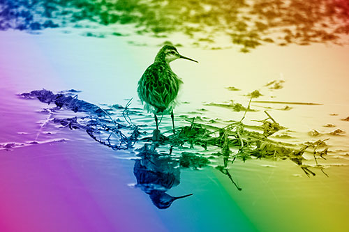 Sandpiper Bird Perched On Floating Lake Stick (Rainbow Shade Photo)