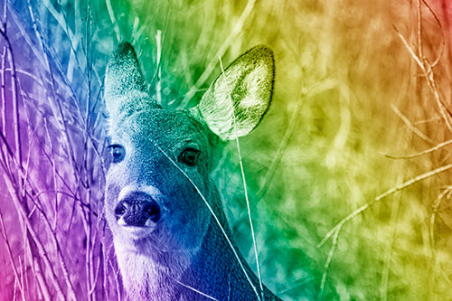 Scared White Tailed Deer Among Branches (Rainbow Shade Photo)