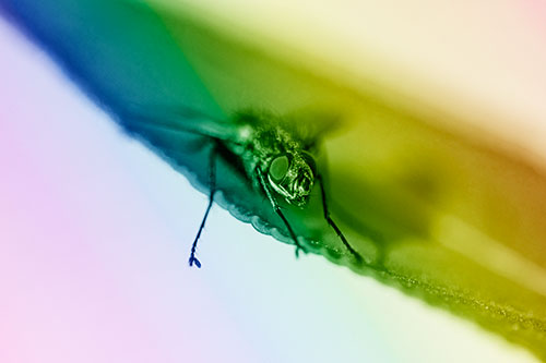 Shadow Casting Cluster Fly Dangles Leg Off Plant Leaf (Rainbow Shade)