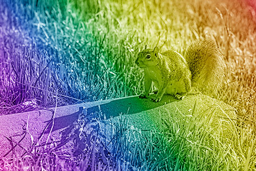 Shadow Casting Squirrel Sitting Atop Concrete Drain (Rainbow Shade)