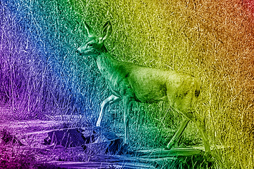 Side Glancing Mule Deer Walking Up Stepping Stones (Rainbow Shade)