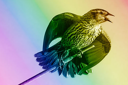 Singing Female Red Winged Blackbird Gripping Broken Cattail (Rainbow Shade)