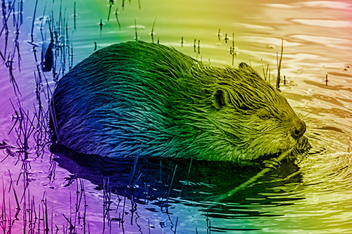Sitting Beaver Nibbles Branch Along Shallow Rivershore (Rainbow Shade)