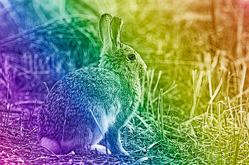 Sitting Bunny Rabbit Among Broken Plant Stems (Rainbow Shade Photo)