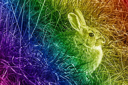 Sitting Bunny Rabbit Enjoying Sunrise Among Grass (Rainbow Shade)