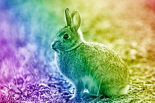 Sitting Bunny Rabbit Perched Beside Grass Blade (Rainbow Shade Photo)