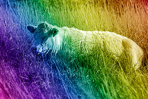Sleeping Cow Resting Among Grass (Rainbow Shade Photo)