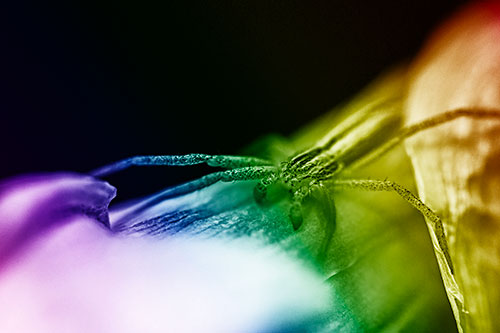 Slender Crab Spider Sprawled Out Among Plant (Rainbow Shade)