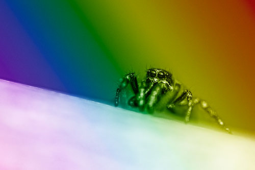 Sloping Perched Jumping Spider Watches Closely (Rainbow Shade)