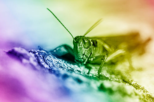 Smiling Grasshopper Grabbing Ahold Tree Stump (Rainbow Shade Photo)