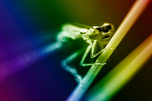 Snarling Damselfly Hangs Onto Grass Blade (Rainbow Shade)