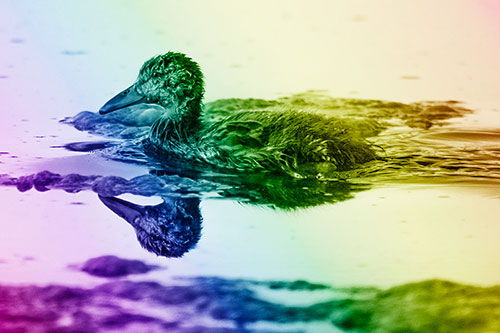 Soaked Mallard Duckling Swimming Past Algae (Rainbow Shade)