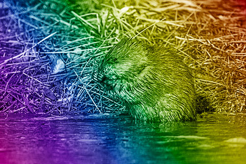 Soaked Muskrat Nibbles Grass Along River Shore (Rainbow Shade Photo)